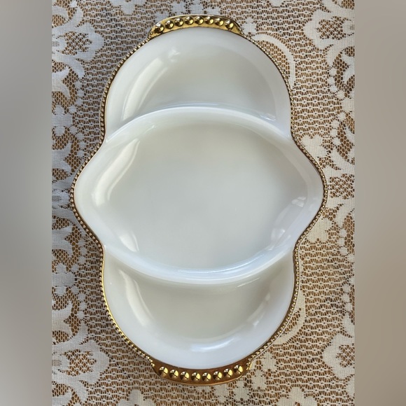Vintage Fire King milk glass server, gold trim - Picture 2 of 6